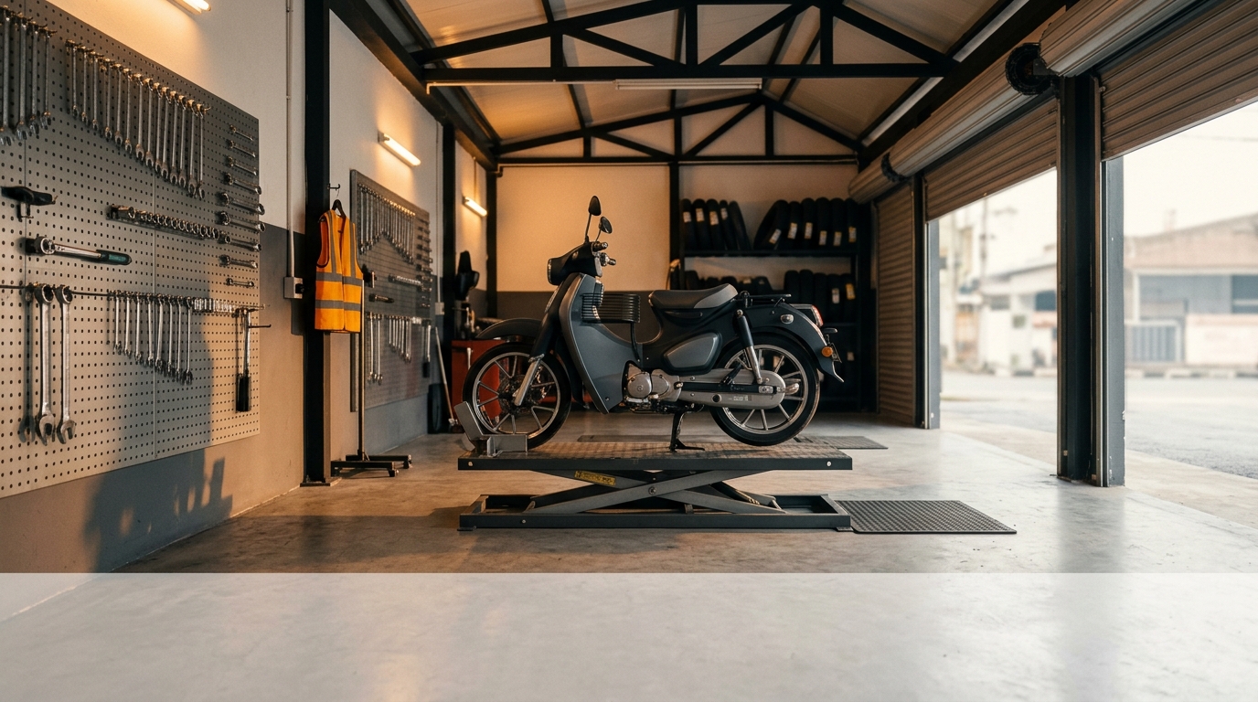 Bay bengkel PIT CREW, motor di lift hidrolik dan tembok pegboard perkakas